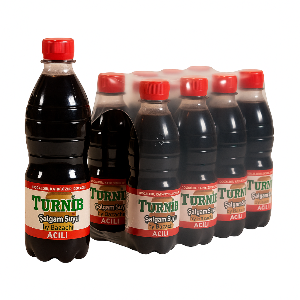 Bottles of Turnib sausage juice with red caps on a white background