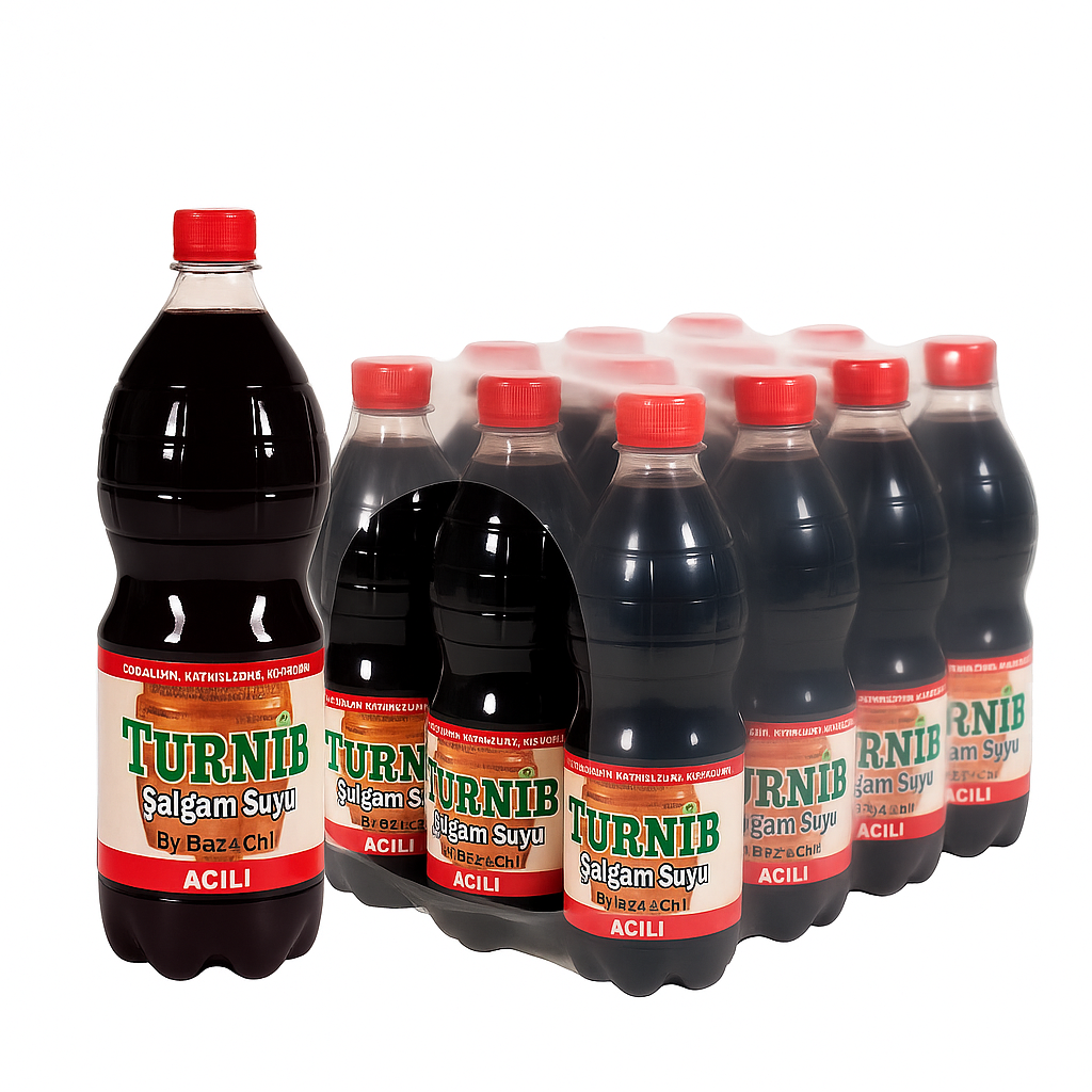 Bottles of Turnib Salgam Suyu with red caps on a white background