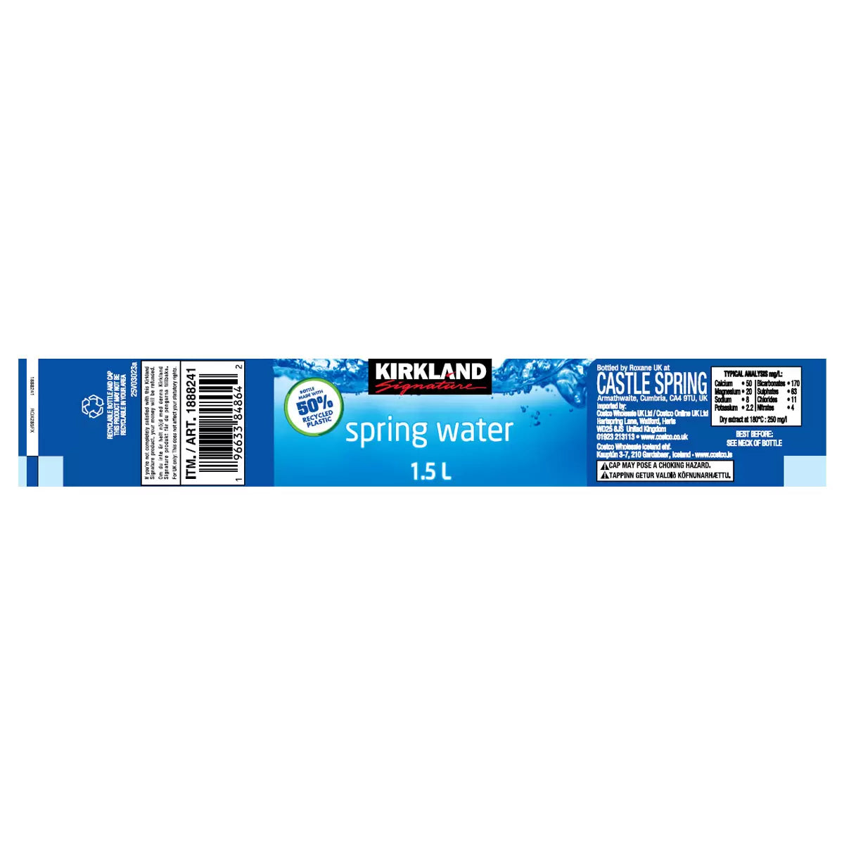 Kirkland Signature Natural Spring Water, 12 x 1.5L Bottles