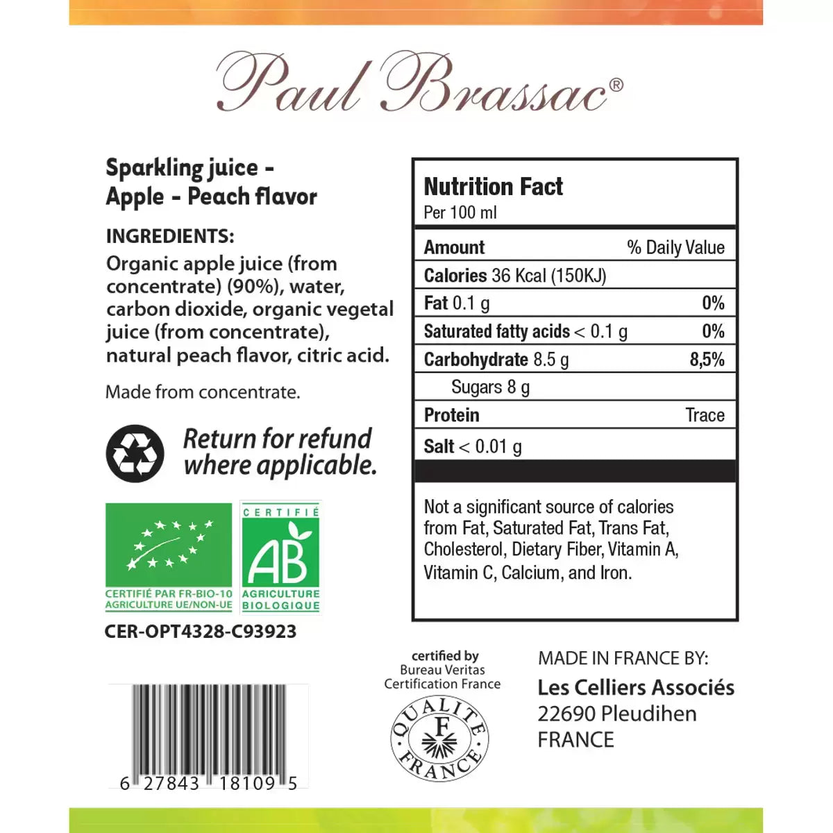 Paul Brassac Organic Sparkling Fruit Juice, 3x750ml