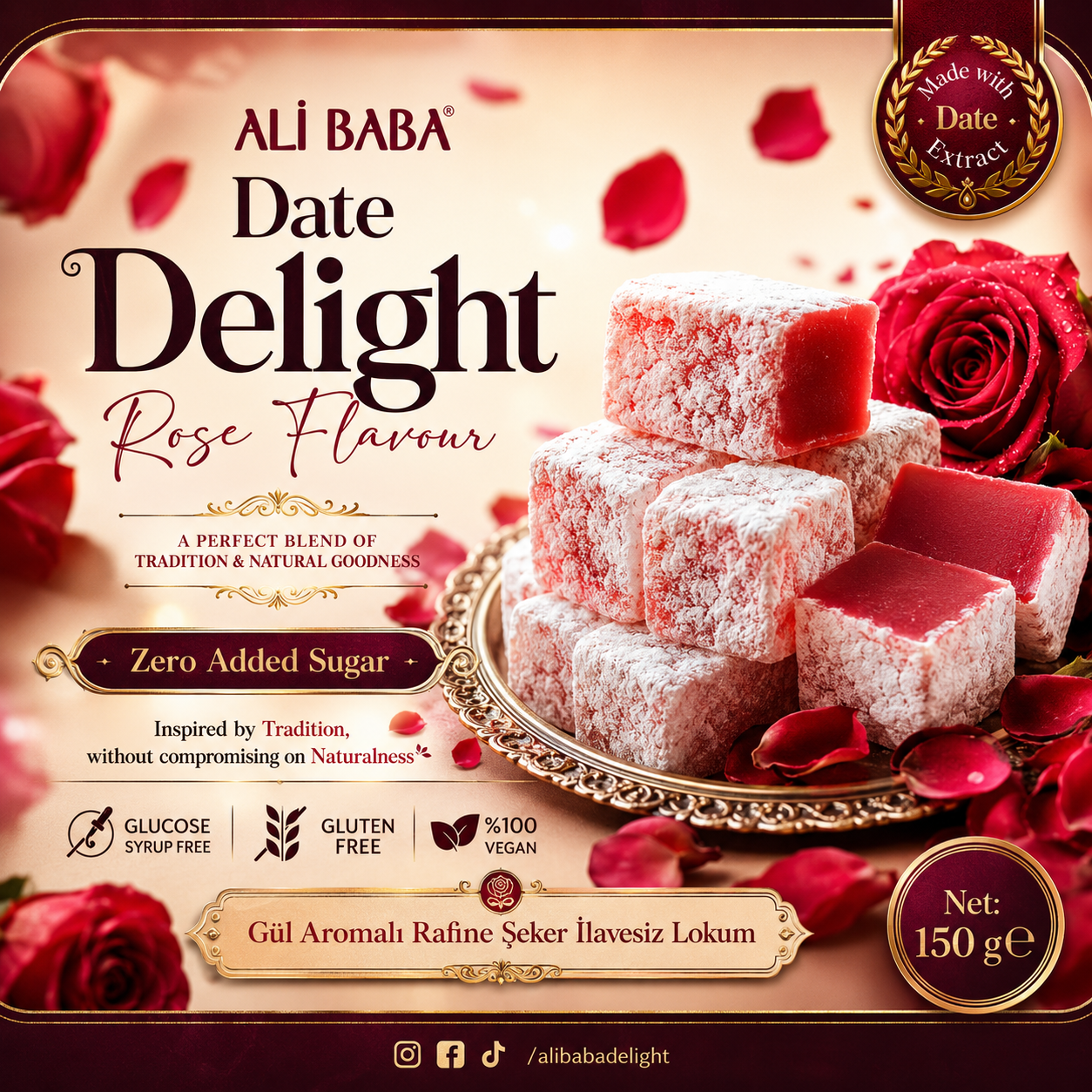 Ali Baba Date Turkish Delight with Rose - Zero Added Sugar (Gul Aromali Lokum) 150 g