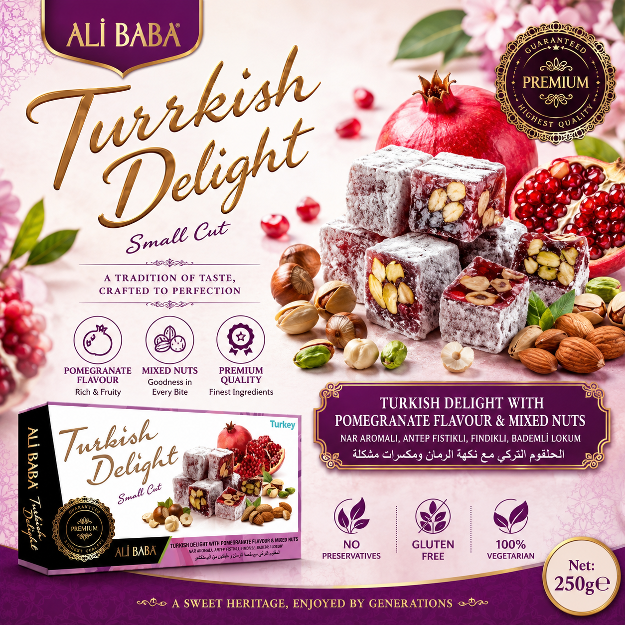 Ali Baba Turkish Delight with Pomegranate Flavour & Mixed Nuts (Nar Aromali Karisik Lokum) 350g