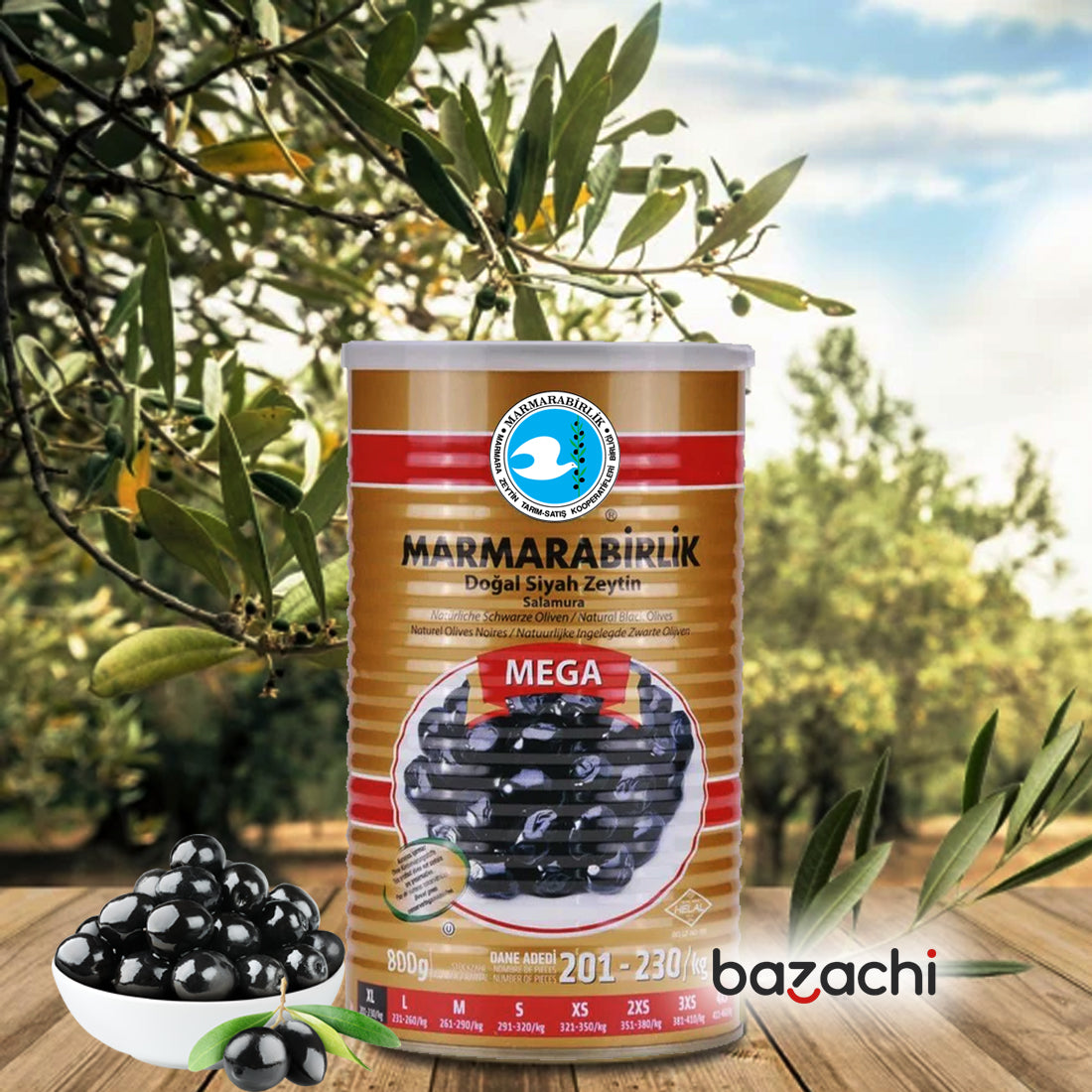 Marmarabirlik Salamura Gemlik Natural Black Olives Green 800g- XL