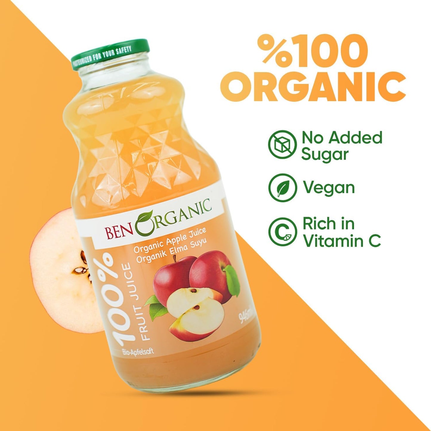 BenOrganic - 100% Natural Organic Apple Juice 946ml - Glass Bottle