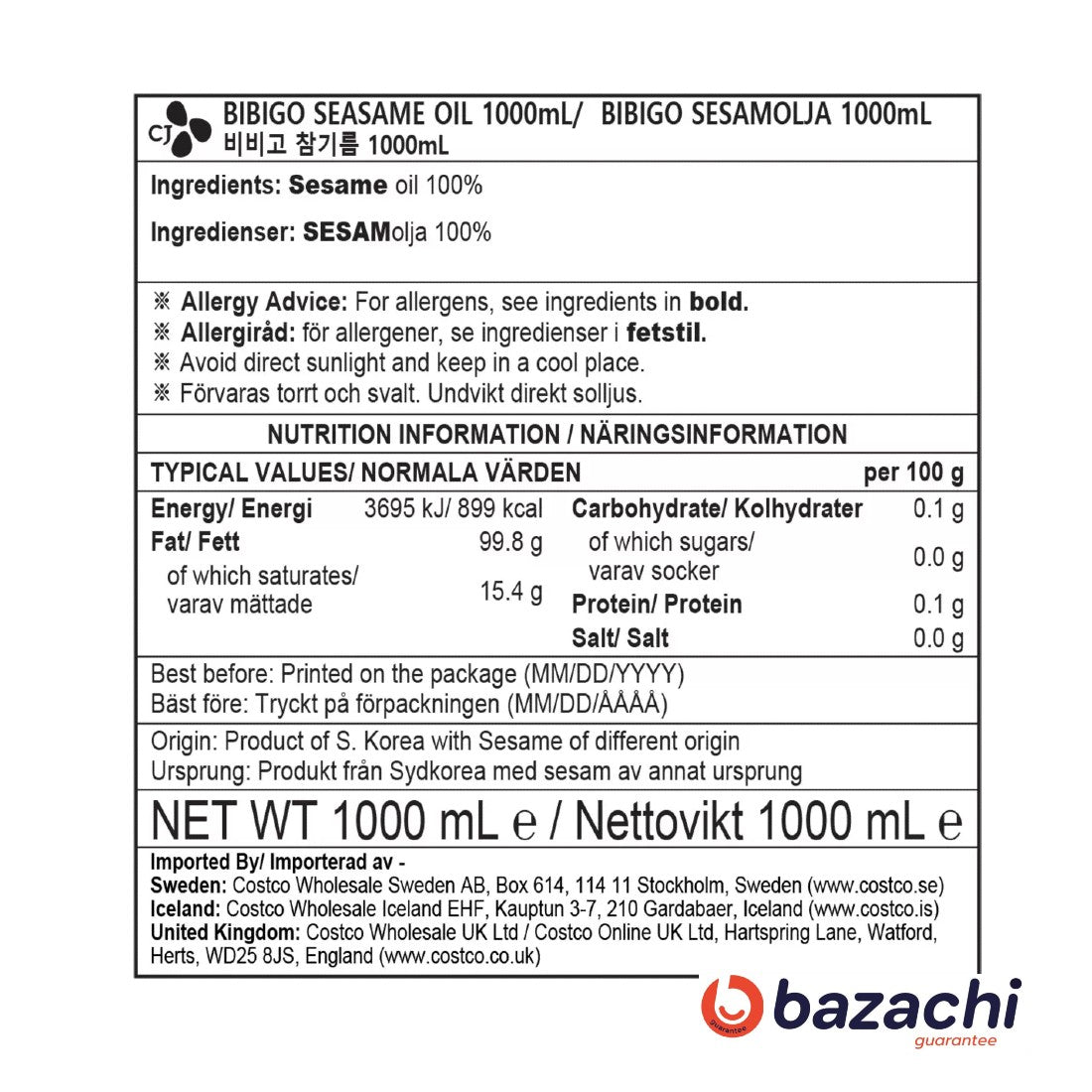 Bibigo Korean 100% Pure Sesame Oil Cold-pressed, 1000 ml