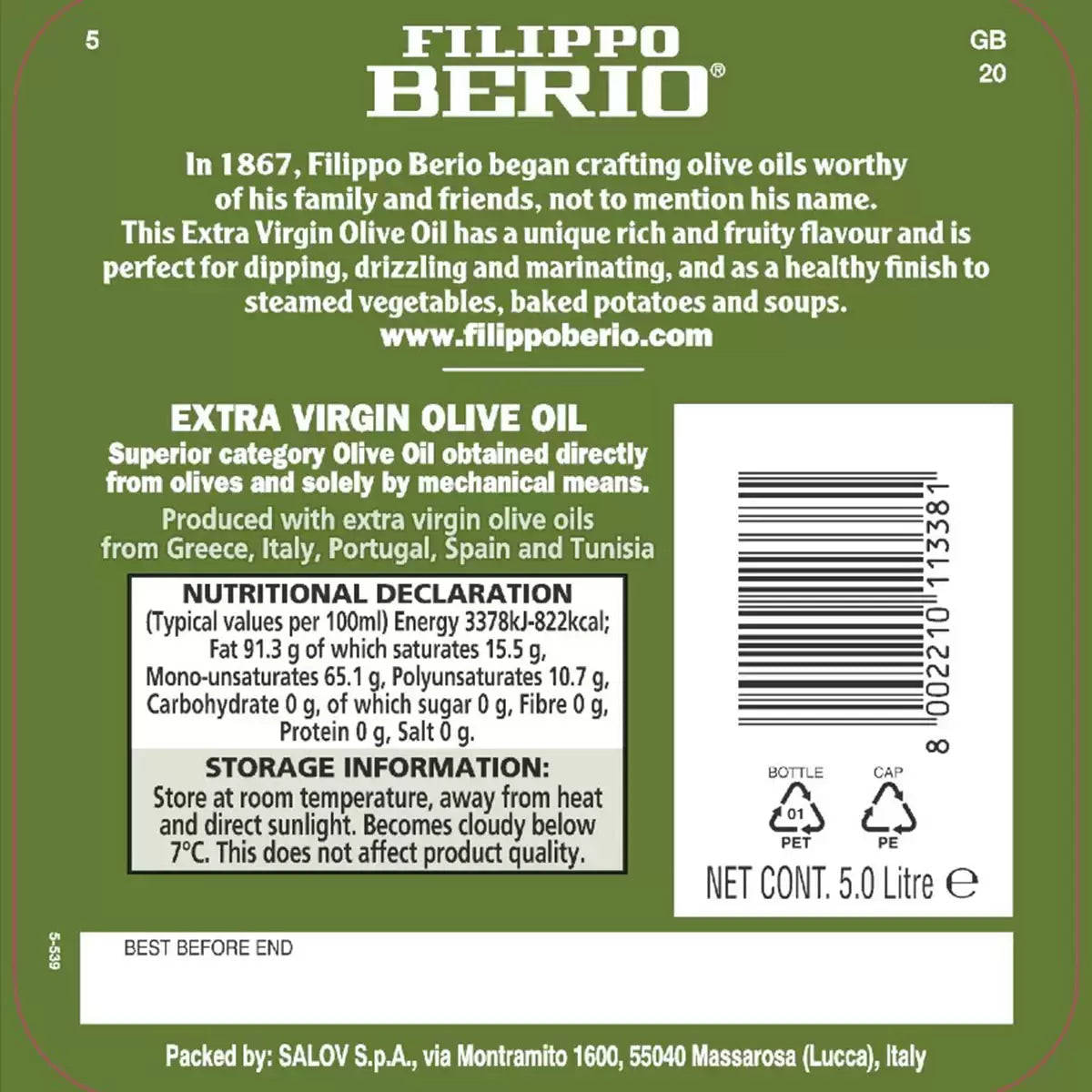 Filippo Berio Extra Virgin Olive Oil, 5L
