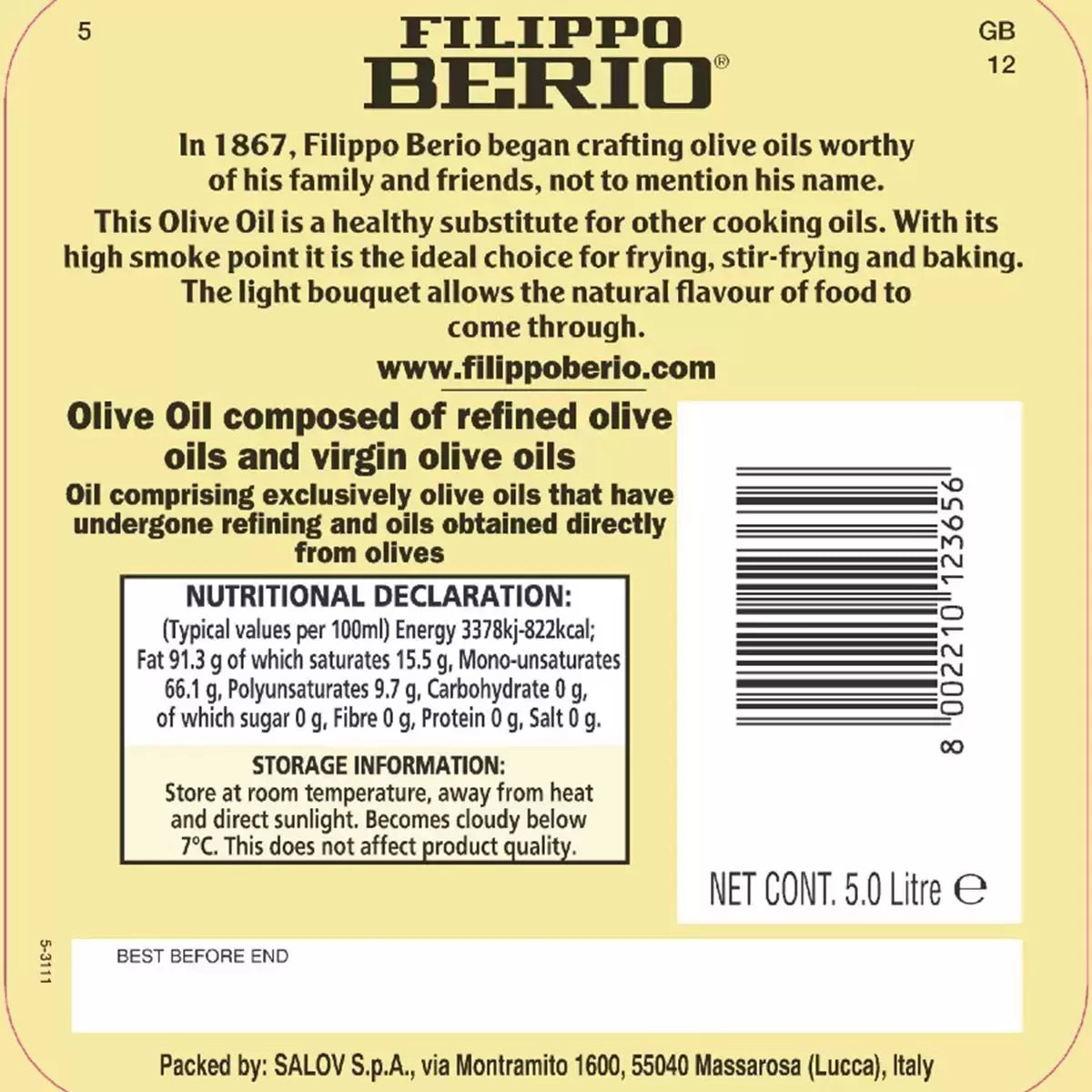 Filippo Berio Mild & Light Frying Olive Oil, 5L