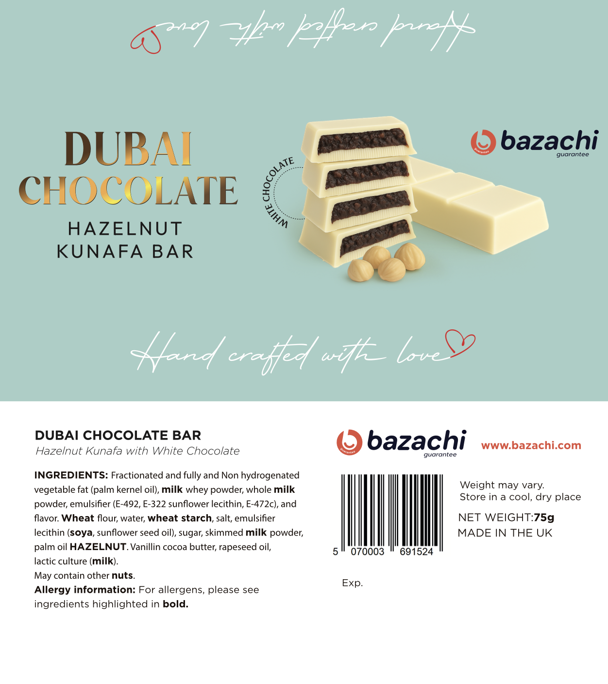 Dubai Chocolate – Hazelnut Kunafa with White Chocolate (Handcrafted, 75g)