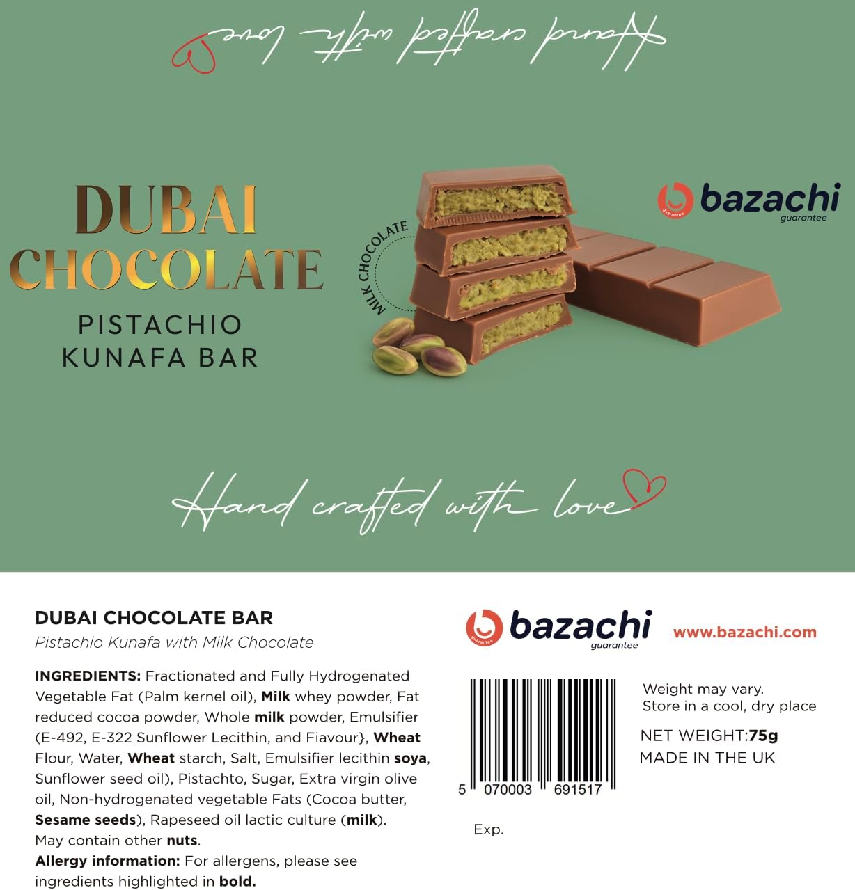 Dubai Chocolate – Pistachio Kunafa with Milk Chocolate (Handcrafted, 75g)