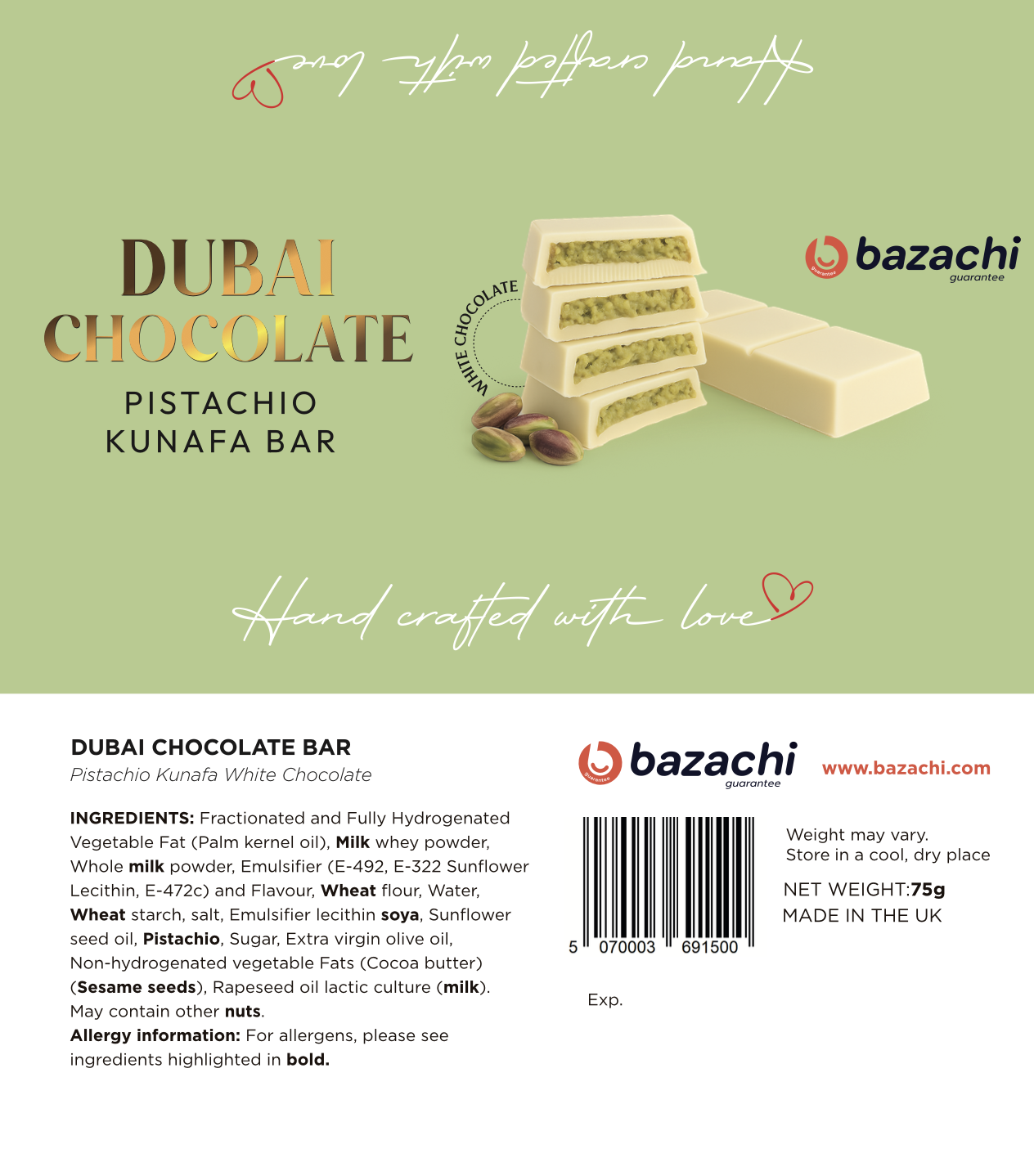 Dubai Chocolate – Pistachio Kunafa with White Chocolate (Handcrafted, 75g)