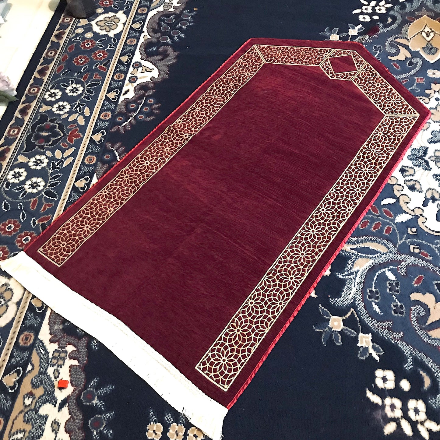 Triangle Design Golde Embroidered Prayer Rug with Beads