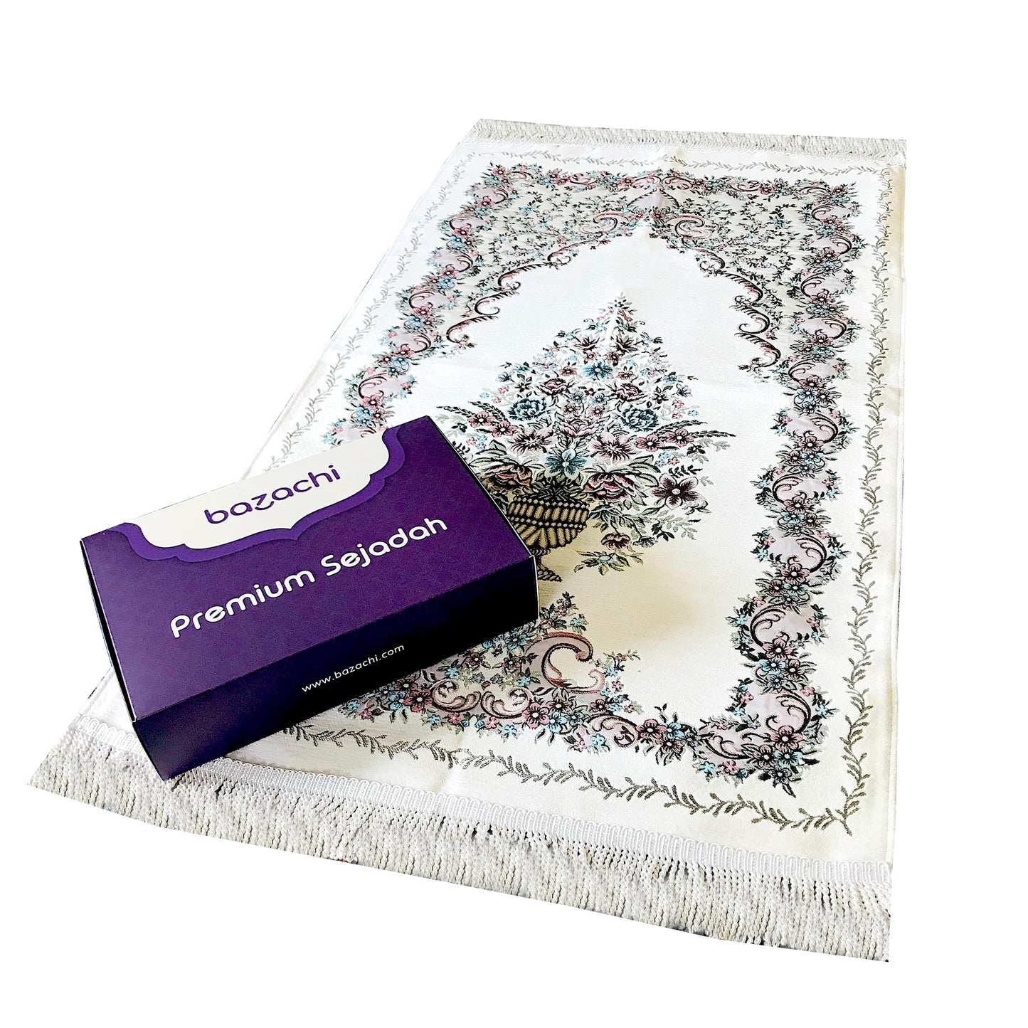 Embroidered Floral Lined Thick Prayer Rug with Gift Box