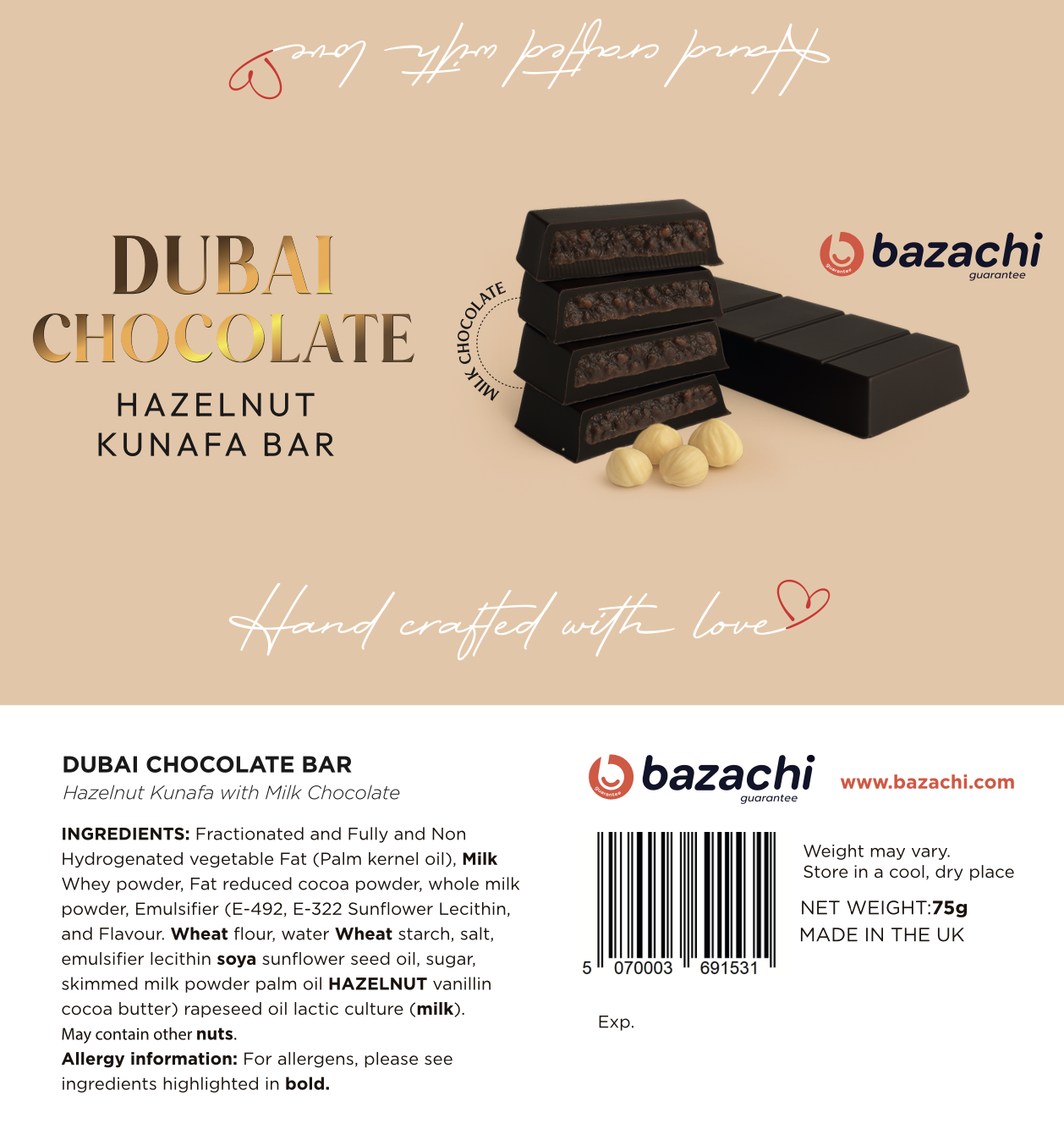 Dubai Chocolate – Hazelnut Kunafa with Milk Chocolate (Handcrafted, 75g)