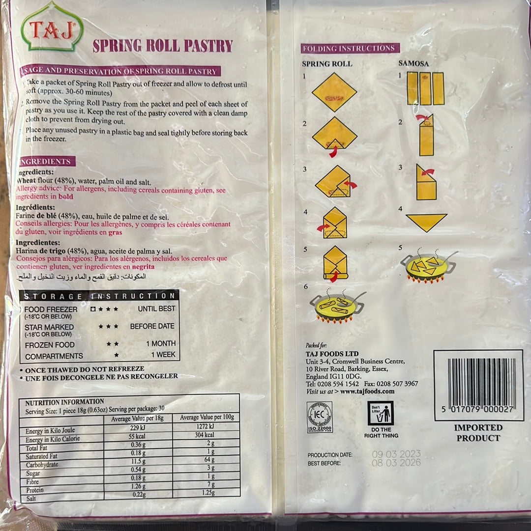 Taj Plain Spring Roll Frozen Pastry - 30 Sheets - 10”x10”
