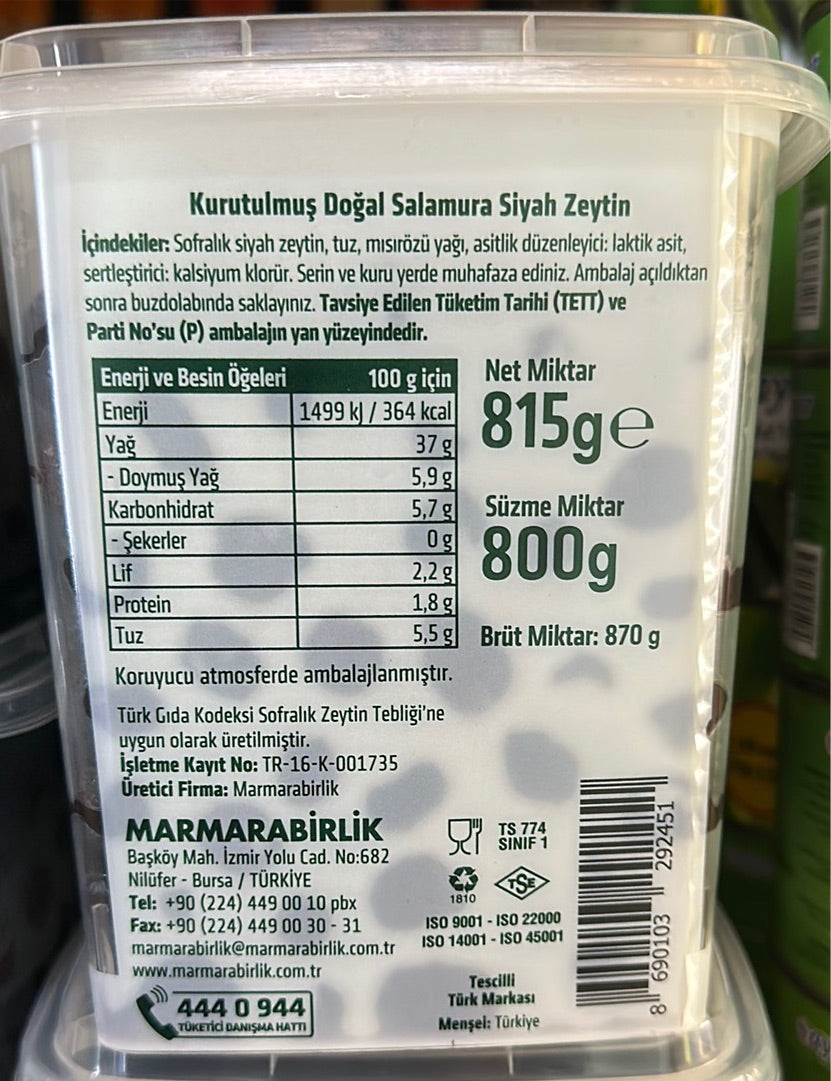 Marmarabirlik Kuru Sele Natural Black Olives Green 800g-(321-350pcs)