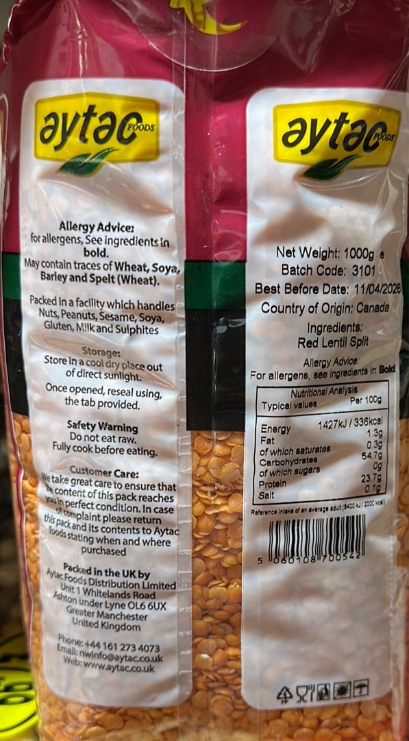 Aytac Canadian Red Lentils Split 1kg