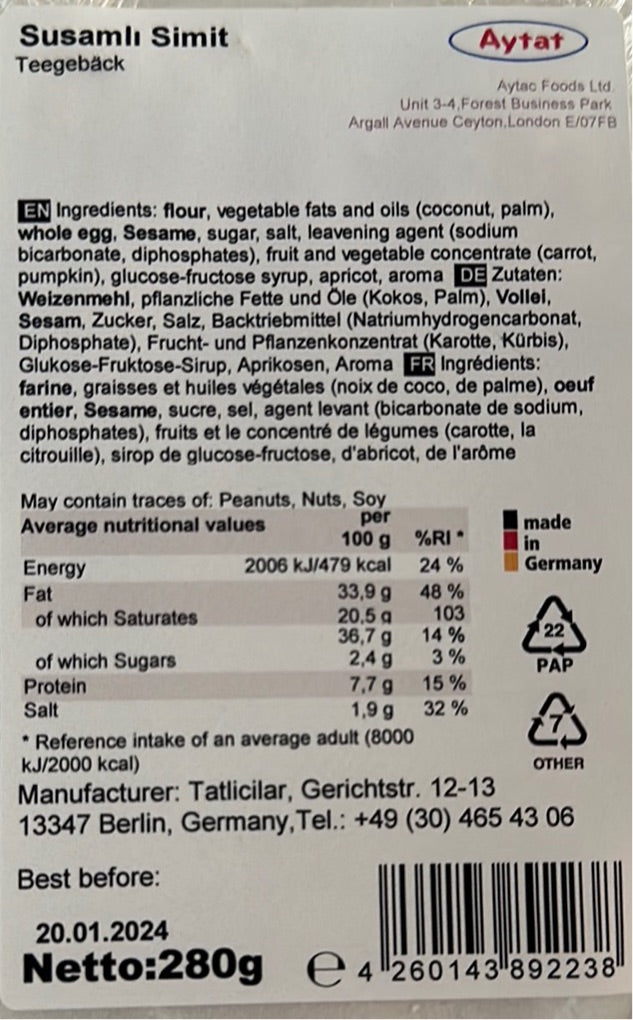 Aytat Susamli Simit Cookies - Kurabiye (280G)