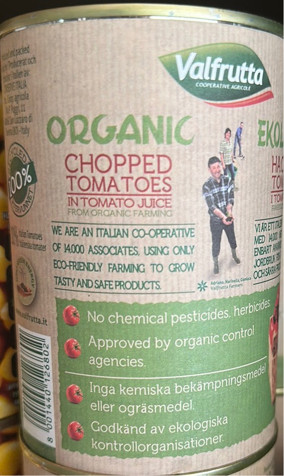 Valfrutta Organic Italian Canned Chopped Tomatoes - 400g