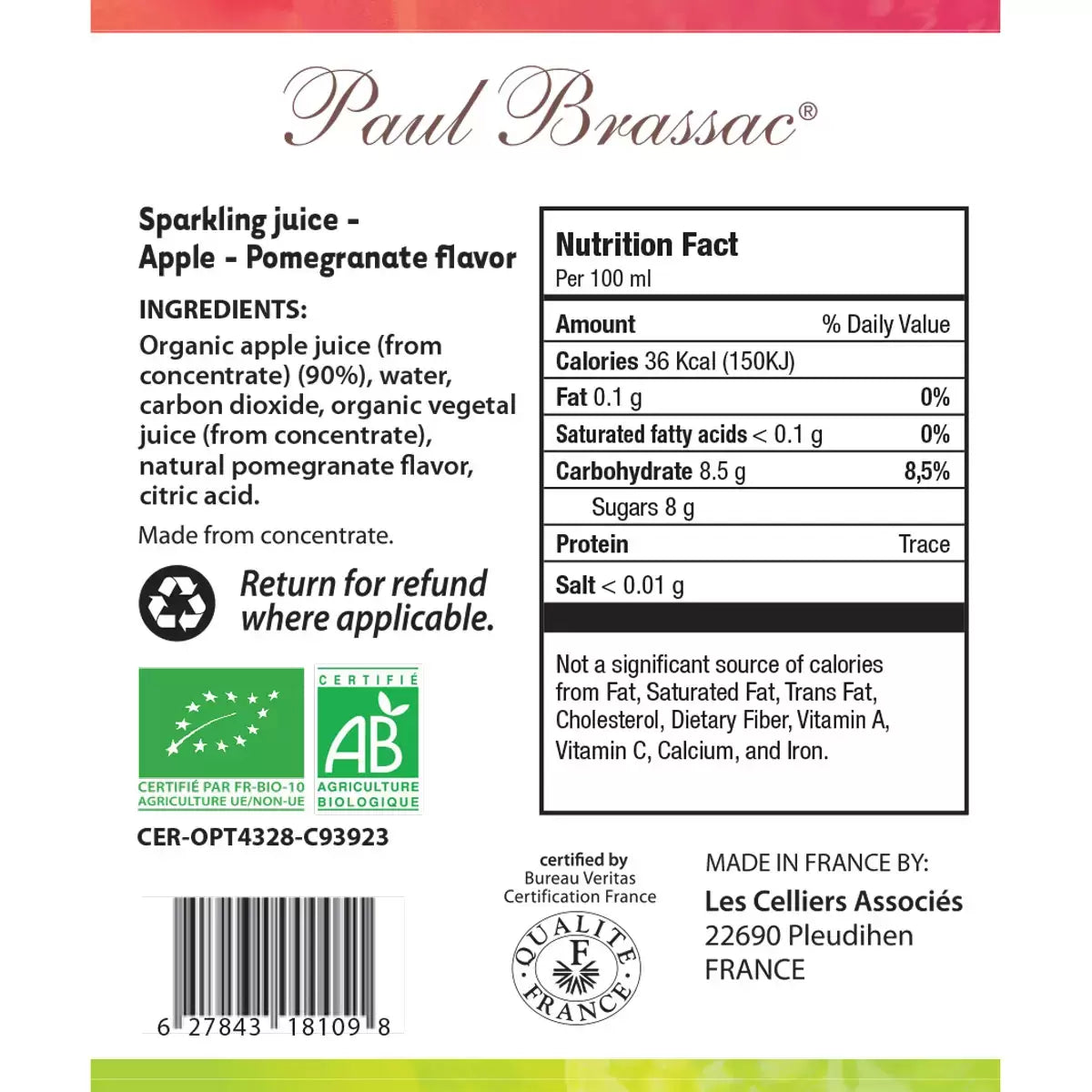 Paul Brassac Organic Sparkling Fruit Juice, 3x750ml