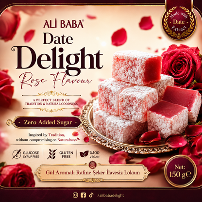 Ali Baba Date Turkish Delight with Rose - Zero Added Sugar  (Gul Aromali Lokum) 150 g
