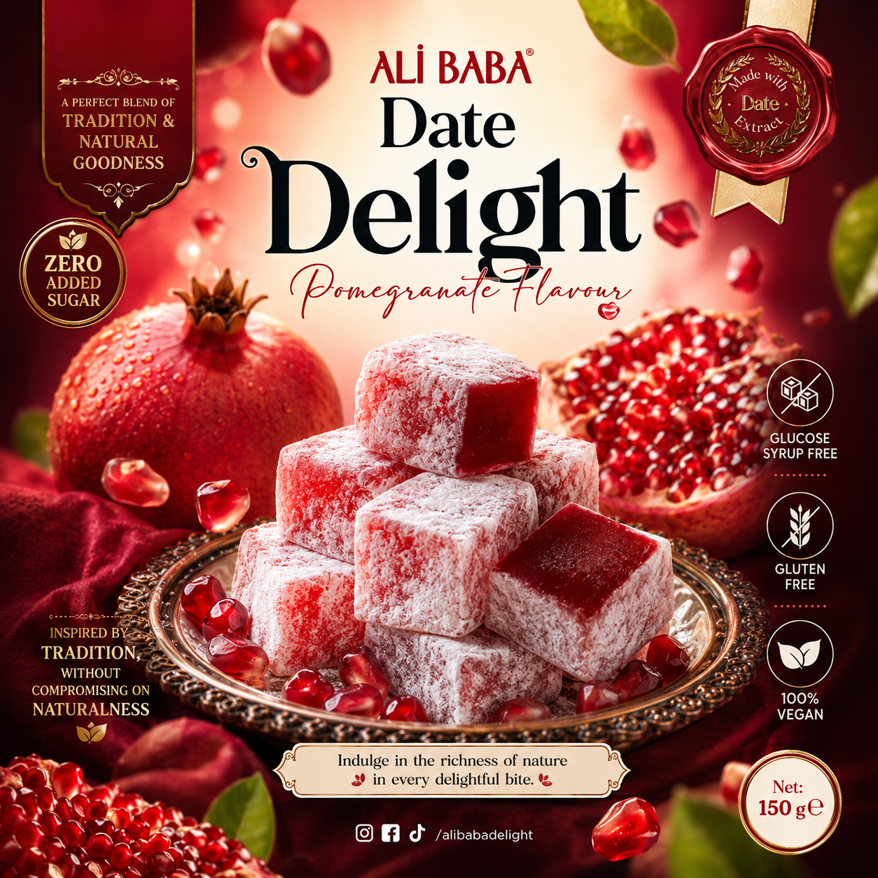 Ali Baba Date Turkish Delight With Pomegranate Flavour - Zero Added Sugar  (Nar Aromali Lokum) 150 g