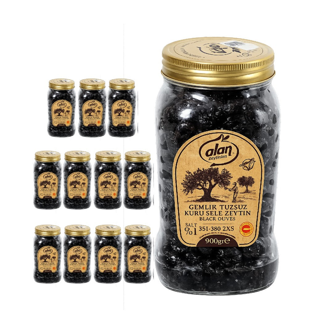 Alan Gemlik Low Salt Kuru Sele Black Olives 2XS 900g