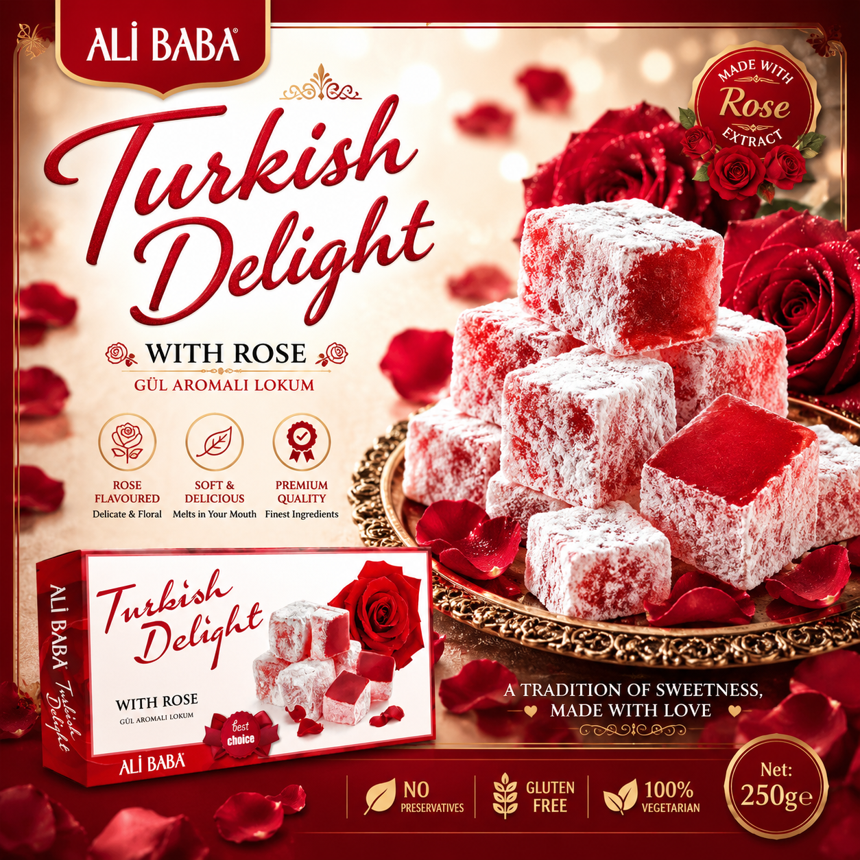 Ali Baba Turkish Delight with Rose (Gul Aromali Lokum) 350g