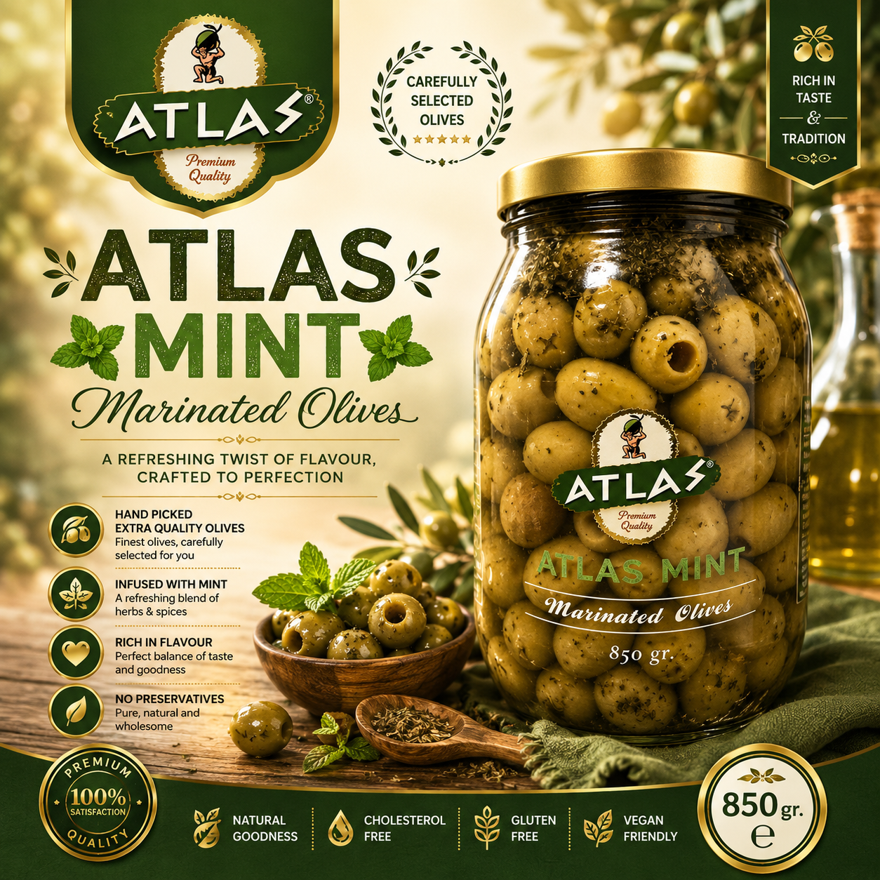Atlas Green Olives Mint (Naneli Yesil Zeytin) 850g