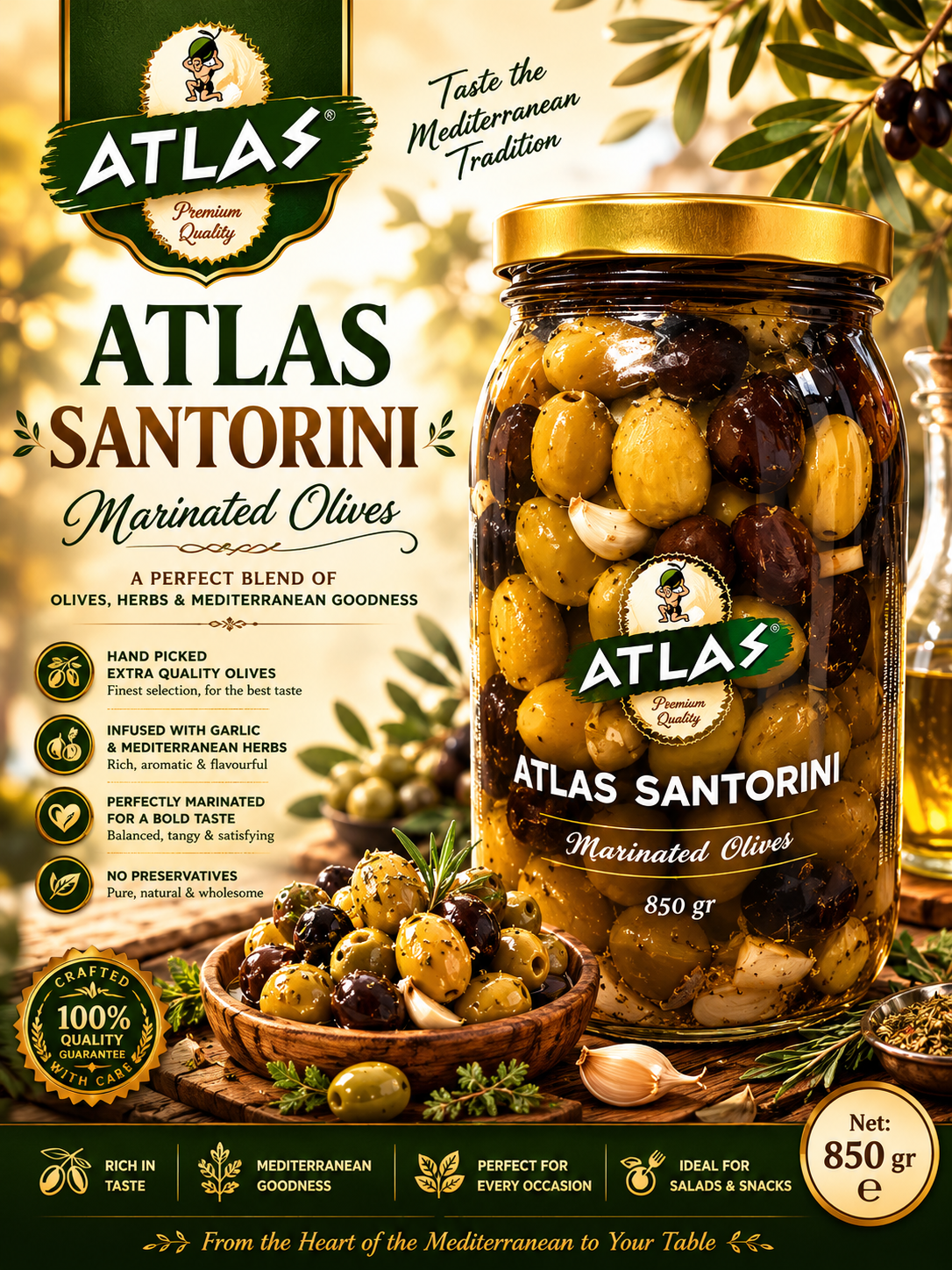 Atlas Santorini Marinated Olives  (Santorini Yeşil Zeytin) 850g