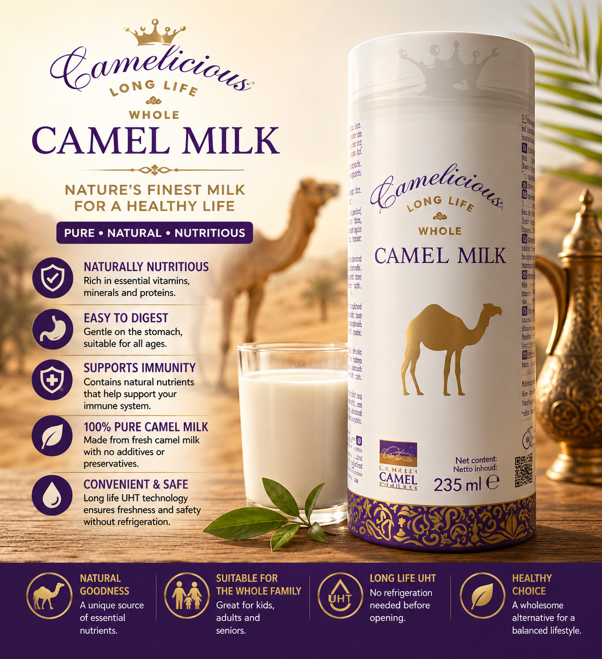 Camelicious Long Life Camel Milk Whole, 235 ml