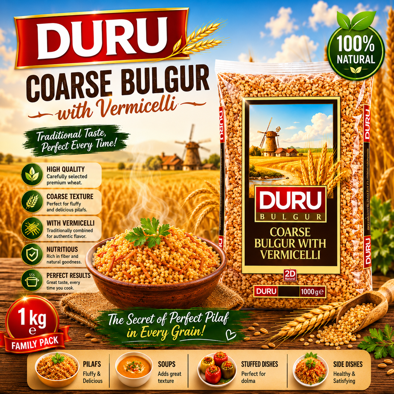 Duru Coarse Bulgur with Vermicelli (Sehriyeli Pilavlik Bulgur) 1 Kg