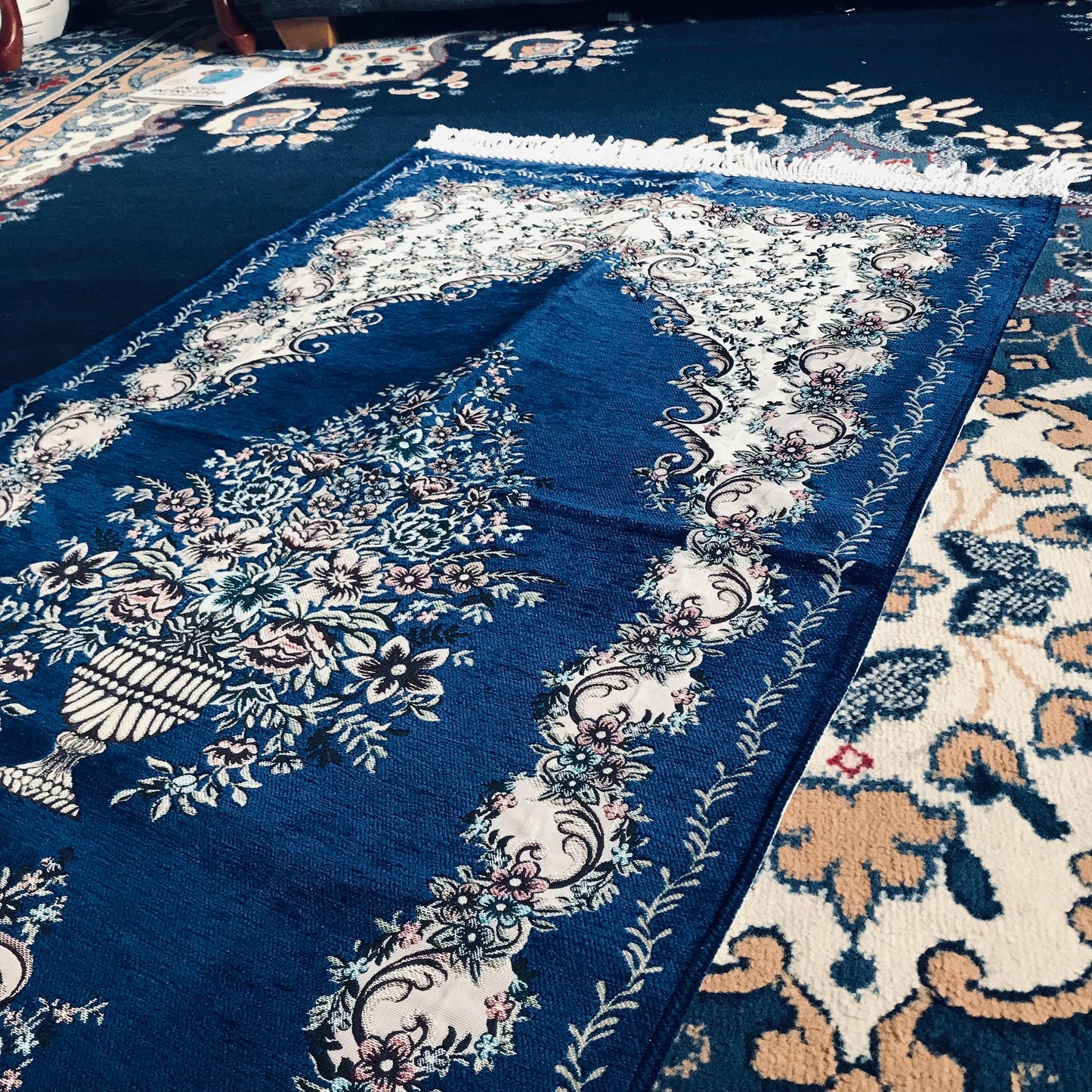 Embroidered Floral Lined Thick Prayer Rug with Gift Box