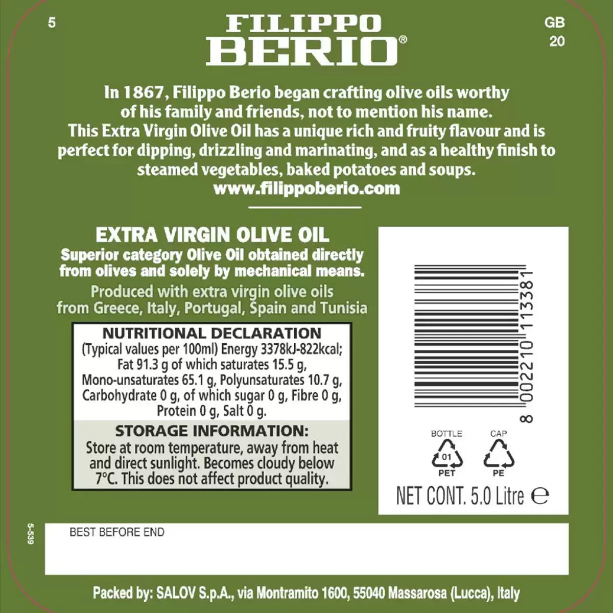 Filippo Berio Extra Virgin Olive Oil 5 L