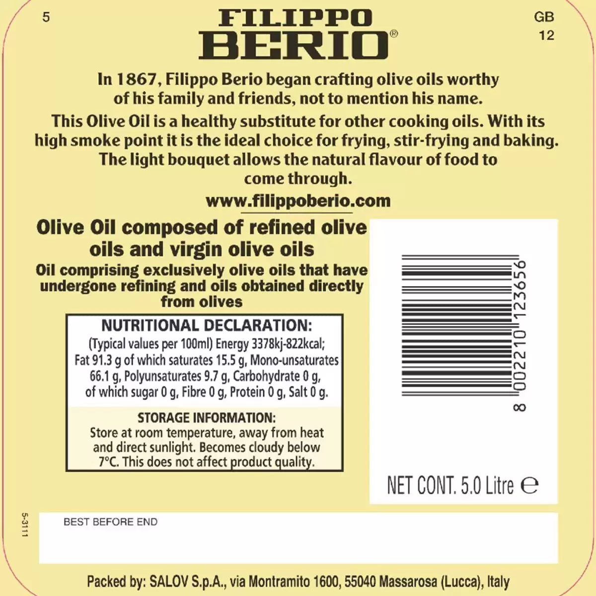 Filippo Berio Mild & Light Frying Olive Oil 5 L