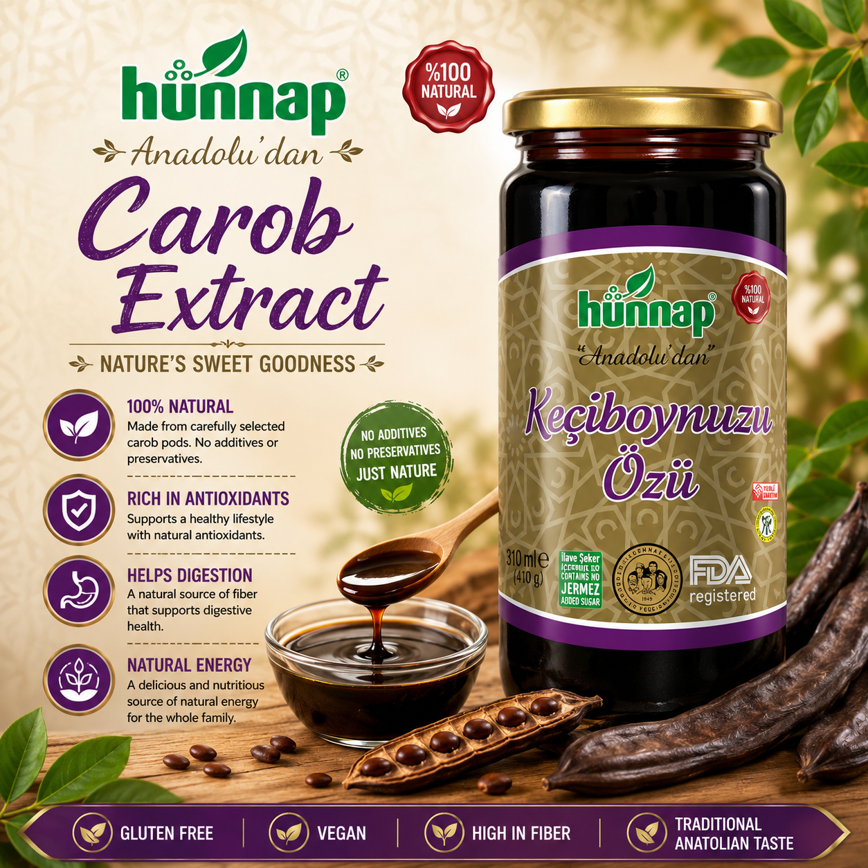 Hunnap Natural Carob Extract (Doğal Keçiboynuzu Özü) 640 g