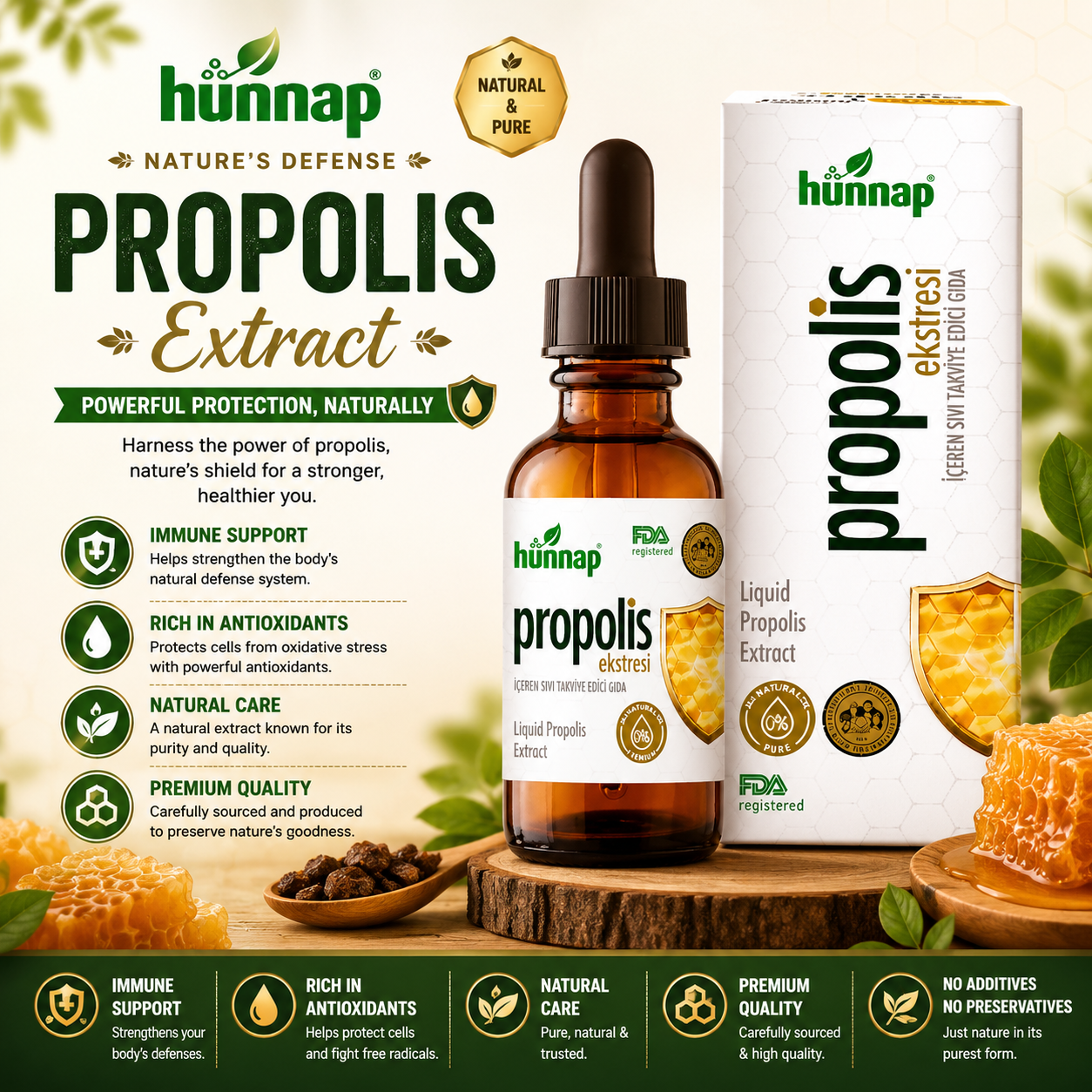 Hunnap Propolis Extract Liquid Food Supplement (Takviye Edici Gıda) 30ml