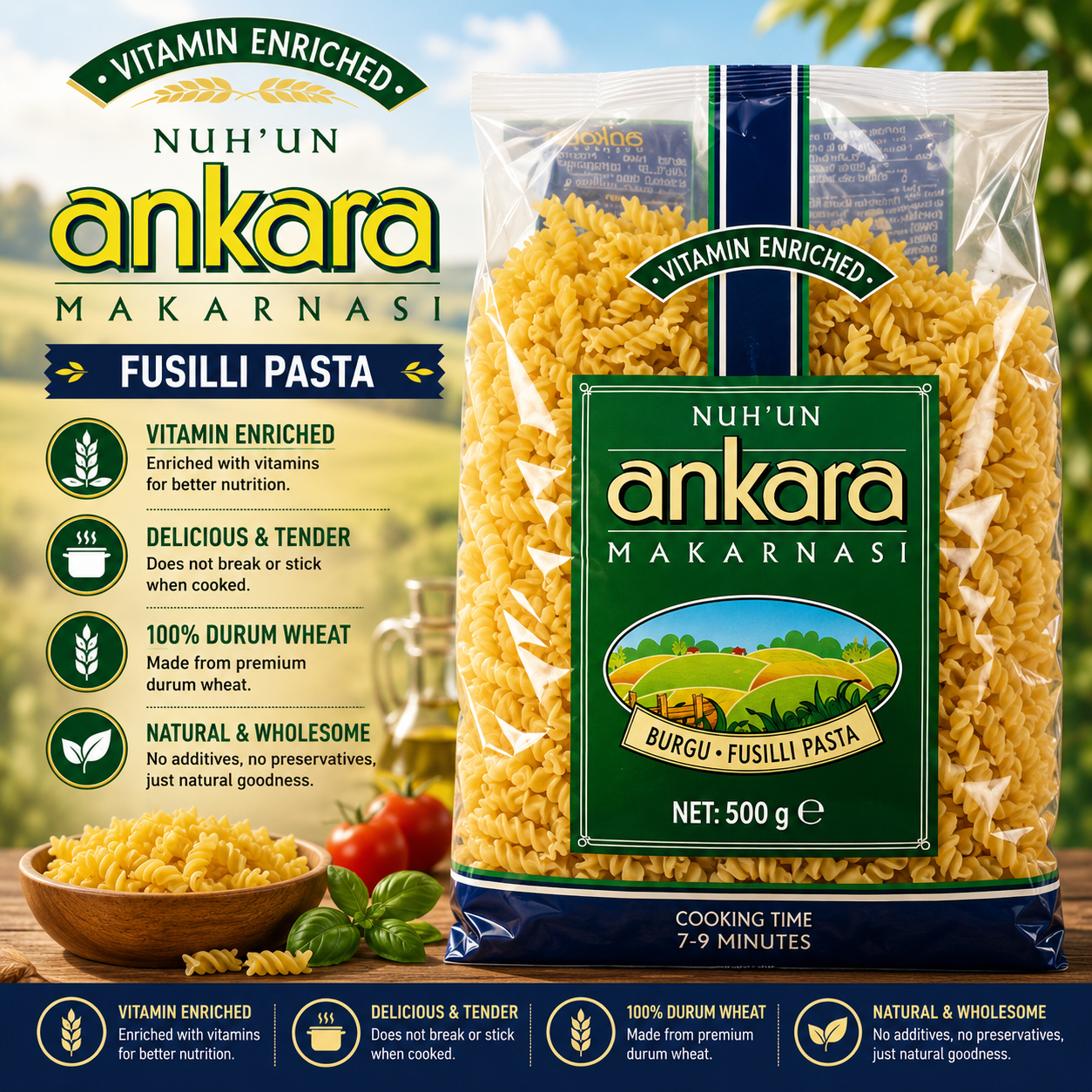 Nuhun Ankara Vitaminli Pasta Fusilli (Burgu Makarna) 500g