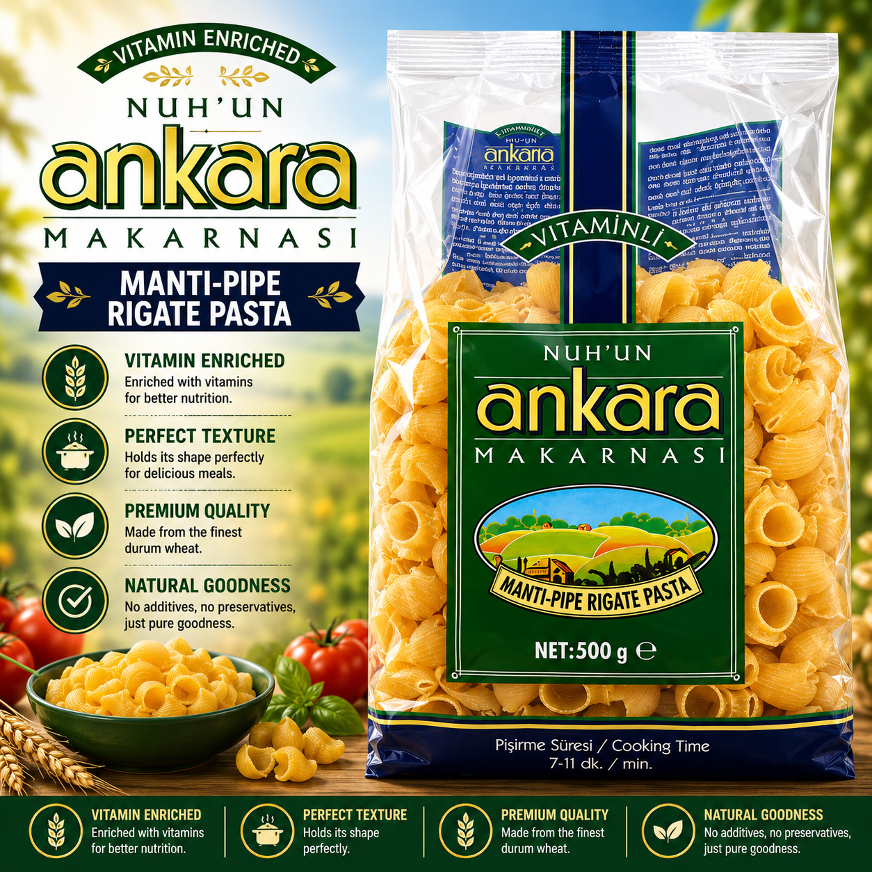 Nuhun Ankara Vitaminli Pipe Rigate Pasta (Mantı Makarna) 500 g