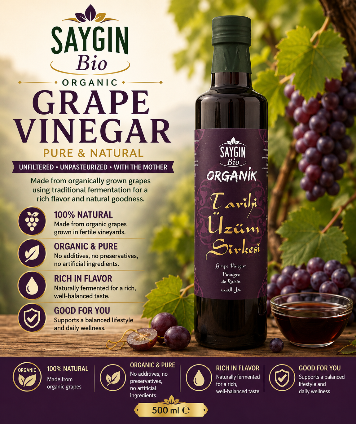 Saygin Organic Grape Vinegar (Organik Uzum Sirkesi) 500 ml