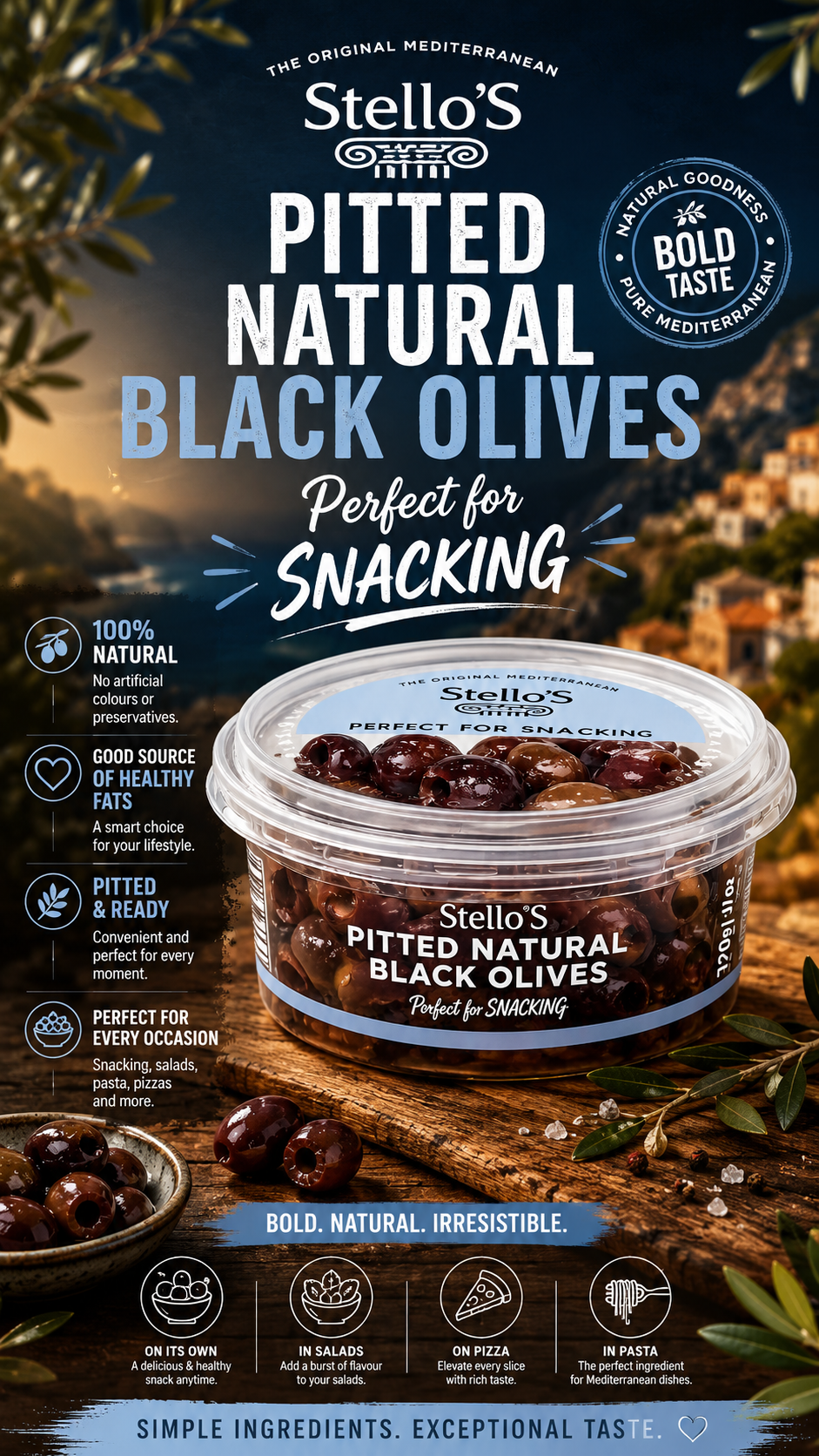 Stellos Pitted Natural Black Olives, 170g