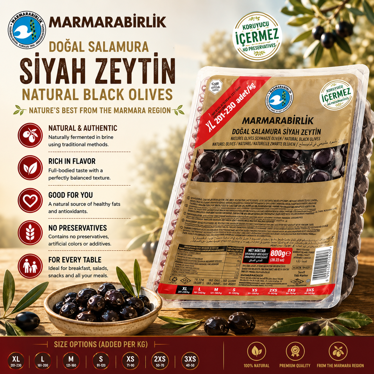 Marmarabirlik Natural Black Olives Mega XL 800g