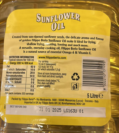 Filippo Berio Sunflower Oil, Cooking Oil 5 L