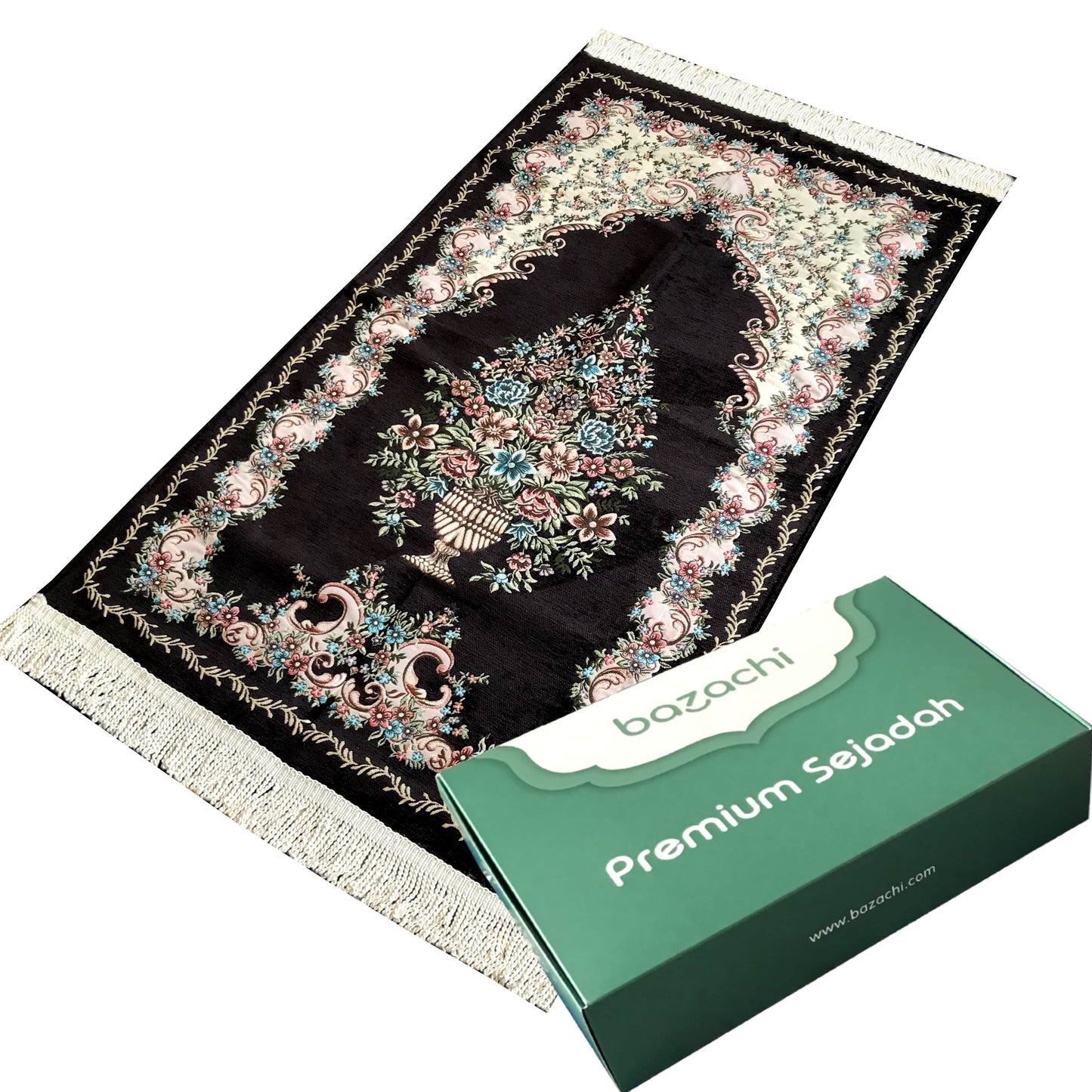 Embroidered Floral Lined Thick Prayer Rug with Gift Box