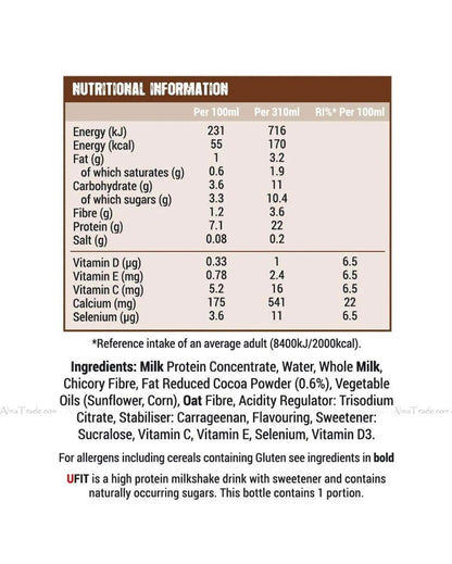 Ufit Vegan 22g High Protein Natural Chocolate Shake 310ml
