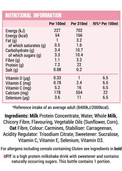 Ufit Vegan 22g High Protein Nat Strawberry Shake 310ml