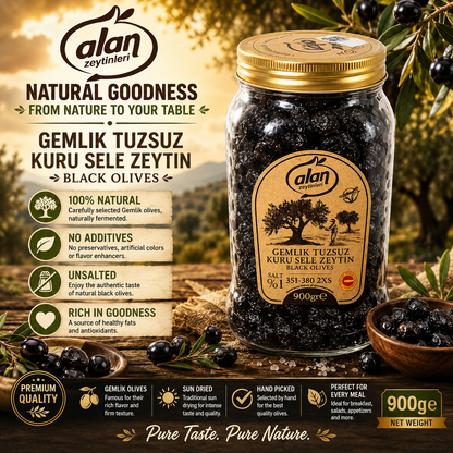 Alan Gemlik Low Salt Kuru Sele Black Olives 2XS 900g